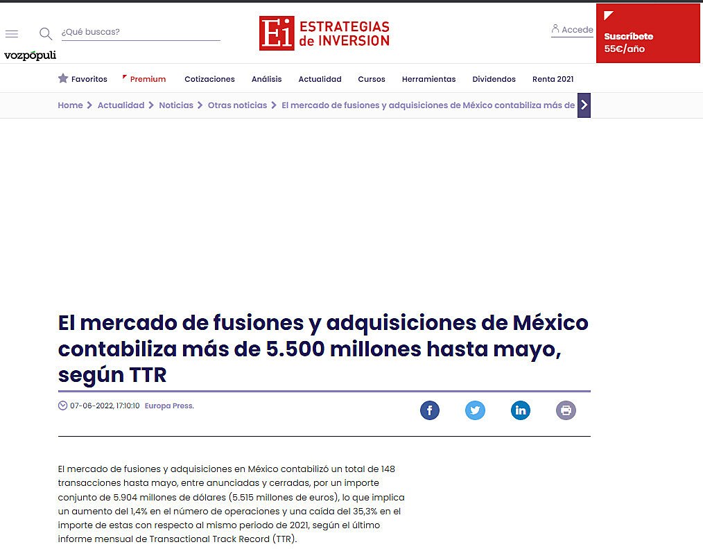 El mercado de fusiones y adquisiciones de Mxico contabiliza ms de 5.500 millones hasta mayo, segn TTR